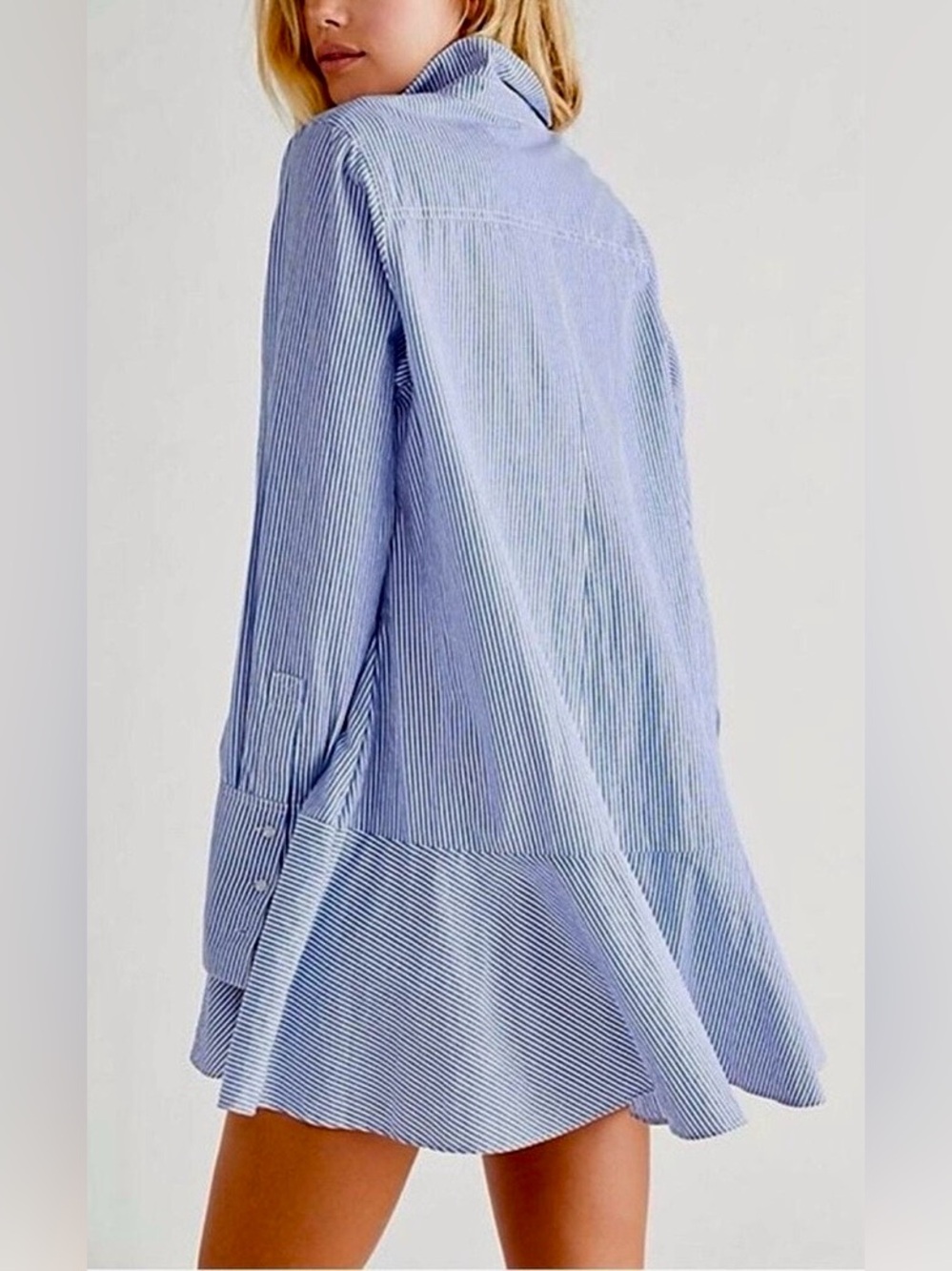 FREE PEOPLE Long Sleeve Blue White Pinstripe Shirt Mini Dress Ruffle Flare Skirt
